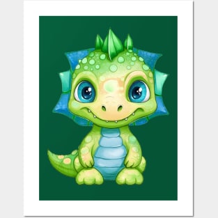 Cute blue dinosaur baby Posters and Art